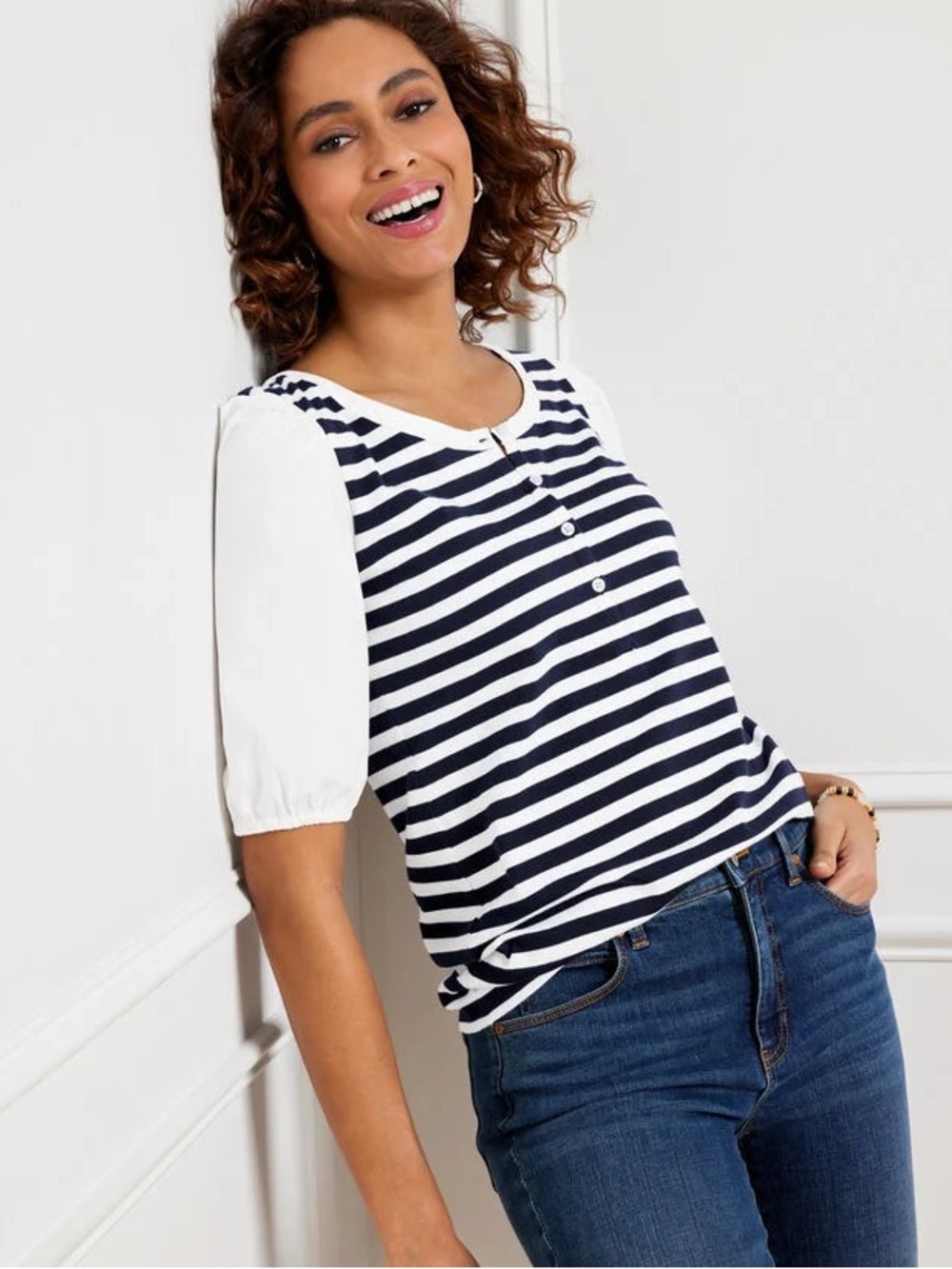 Talbots Navy and White Striped Puff-Sleeve Tee
